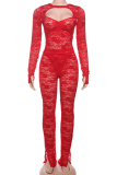 Red Sexy Solid Color Hollow Out Slit O Neck Long Sleeve Two Pieces