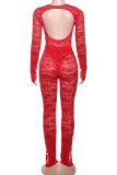 Red Sexy Solid Color Hollow Out Slit O Neck Long Sleeve Two Pieces