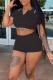 Black Casual Solid Color Buckle Turndown Collar Short Sleeve Two Pieces