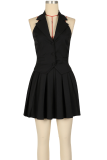 Blue Sexy Solid Color Buckle Backless V Neck Sleeveless Two Pieces