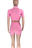 Pink Casual Solid Color Buckle Turndown Collar Short Sleeve Two Pieces