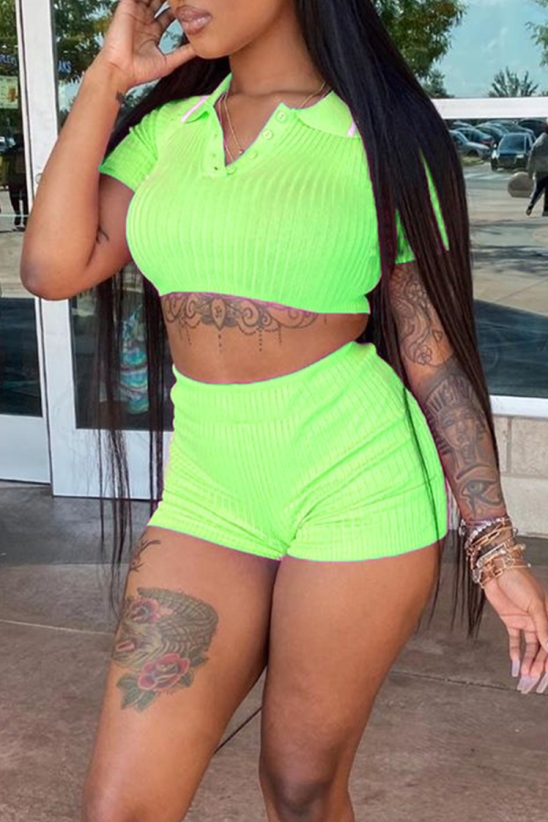 Fluorescent Green Casual Solid Color Buckle Turndown Collar Short Sleeve Two Pieces