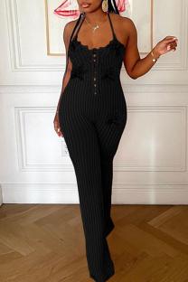 Black Sexy Solid Color Backless Flower Shape Halter Regular Jumpsuits