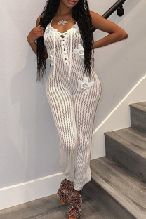 White Sexy Solid Color Backless Flower Shape Halter Regular Jumpsuits