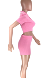 Pink Casual Solid Color Buckle Turndown Collar Short Sleeve Two Pieces