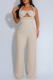 Black Sexy Casual Solid Color Hollow Out Patchwork Backless Halter Regular Jumpsuits