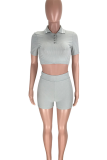 Pink Casual Solid Color Buckle Turndown Collar Short Sleeve Two Pieces