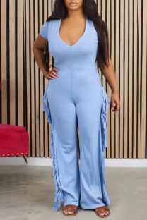 Blue Casual Solid Tassel Patchwork V Neck Skinny Jumpsuits