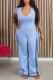Blue Casual Solid Tassel Patchwork V Neck Skinny Jumpsuits