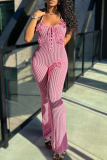 Pink Sexy Solid Color Backless Flower Shape Halter Regular Jumpsuits