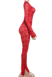 Red Sexy Solid Color Hollow Out Slit O Neck Long Sleeve Two Pieces
