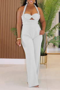 White Sexy Casual Solid Color Hollow Out Patchwork Backless Halter Regular Jumpsuits