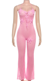 Pink Sexy Solid Color Backless Flower Shape Halter Regular Jumpsuits