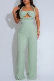 Black Sexy Casual Solid Color Hollow Out Patchwork Backless Halter Regular Jumpsuits