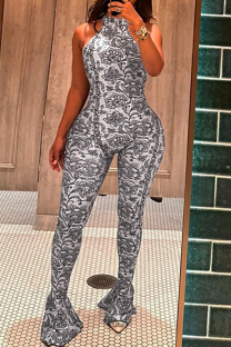 Black Sexy Print Backless O Neck Skinny Jumpsuits