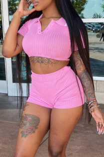 Pink Casual Solid Color Buckle Turndown Collar Short Sleeve Two Pieces
