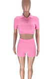 Pink Casual Solid Color Buckle Turndown Collar Short Sleeve Two Pieces