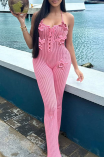 Pink Sexy Solid Color Backless Flower Shape Halter Regular Jumpsuits