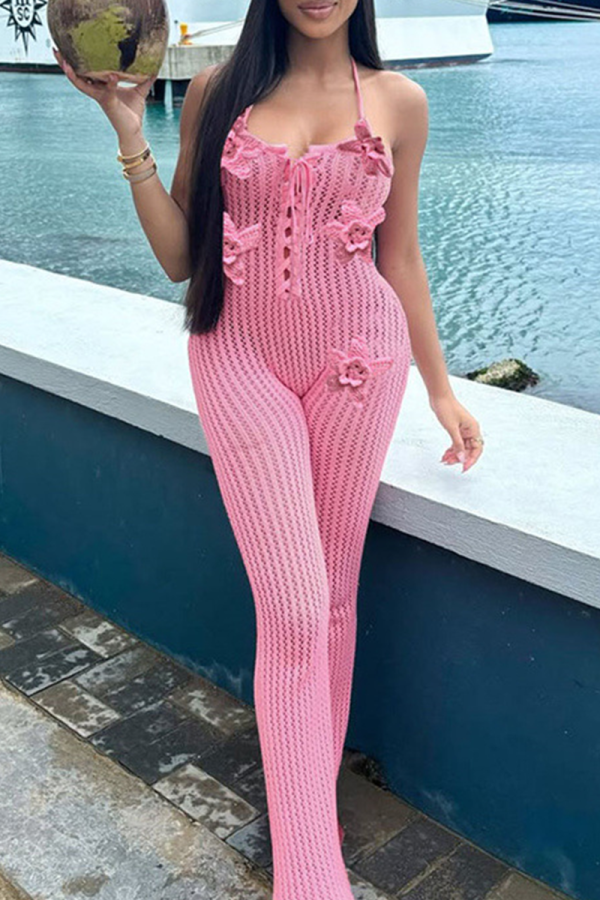Pink Sexy Solid Color Backless Flower Shape Halter Regular Jumpsuits