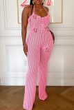 Pink Sexy Solid Color Backless Flower Shape Halter Regular Jumpsuits