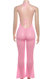 Pink Sexy Solid Color Backless Flower Shape Halter Regular Jumpsuits