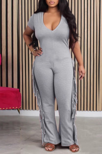 Grey Casual Solid Tassel Patchwork V Neck Skinny Jumpsuits