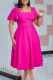 Rose Red Elegant Solid Color With Belt Square Neck Long Dresses