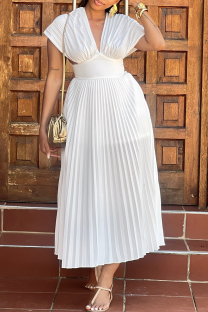 White Elegant Solid Color Pleated V Neck Long Dresses