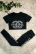 Black Casual Print Letter O Neck Short Sleeve Two Pieces(Based on the actual picture)