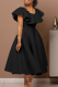 Black Elegant Solid Color Zipper Flounce O Neck Long Dresses