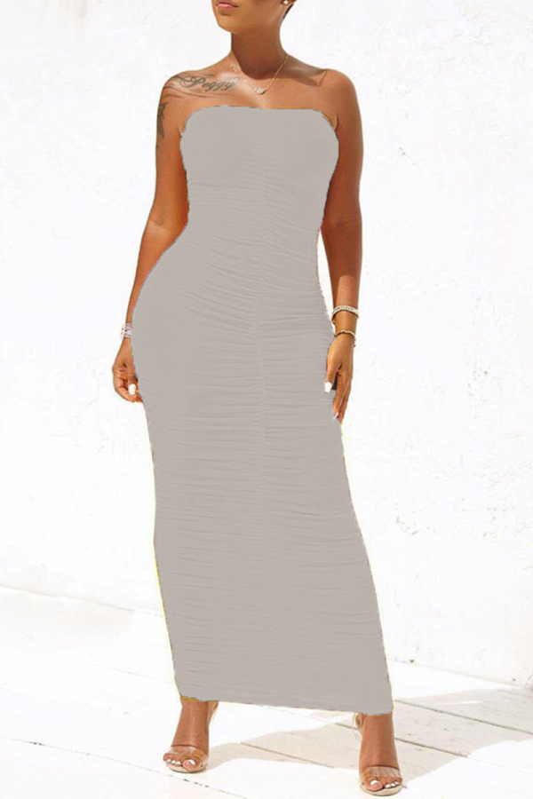 Coffee Sexy Solid Fold Strapless Pencil Skirt Dresses