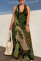 Green Casual Geometric Print Pocket Lace Up Backless Halter Loose Jumpsuits