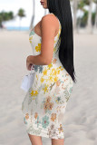 Multicolor Sexy Geometric Print Flowers Contrast U Neck Printed Dresses