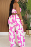 Pink Casual Print Pocket Backless Strapless Loose Jumpsuits