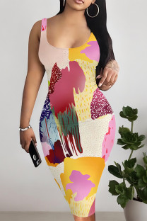 Multicolor Sexy Geometric Print Flowers Contrast U Neck Printed Dresses