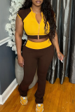 Brown Yellow Casual Zipper Contrast Zipper Collar Short Sleeve Two Pieces