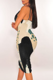 Green Sexy Floral Print Contrast V Neck Printed Dresses