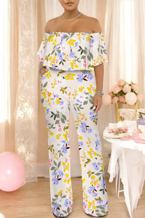 Light Color Sexy Floral Print Pocket Flounce Off Shoulder Loose Jumpsuits