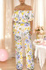 Light Color Sexy Floral Print Pocket Flounce Off Shoulder Loose Jumpsuits