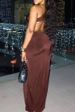 Black Sexy Solid Color Hollow Out Backless Slit O Neck Long Dresses