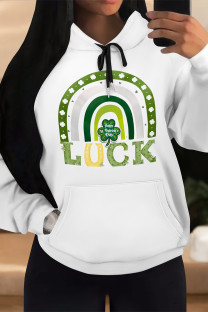White Yellow Casual Graffiti Print Letters Draw String Pocket Hooded Tops