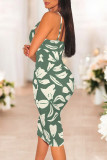 Green Sexy Floral Print Contrast V Neck Printed Dresses