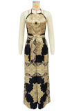Brown Sexy Print Backless Strap Design Halter Loose Jumpsuits