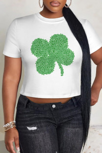 White Green Casual Print Four Leaf Clover Shamrock Contrast O Neck T-Shirts