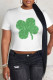 White Green Casual Print Four Leaf Clover Shamrock Contrast O Neck T-Shirts