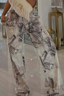 Grey Casual Print Draw String Loose Mid Waist Conventional Full Print Bottoms