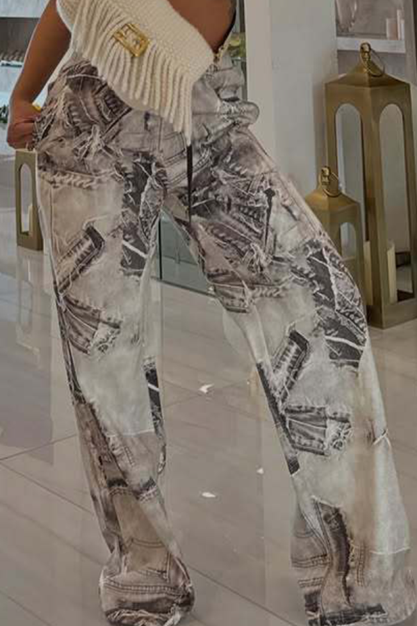 Grey Casual Print Draw String Loose Mid Waist Conventional Full Print Bottoms