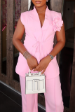 Pink Casual Solid Color Pocket Strap Design Flower Shape V Neck Sleeveless Two Pieces