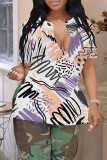 Khaki Casual Geometric Print Contrast V Neck T-Shirts
