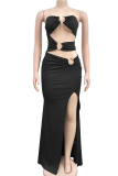 Red Sexy Solid Color Hollow Out Metal Accessories Trim High Slit Strapless Long Dresses